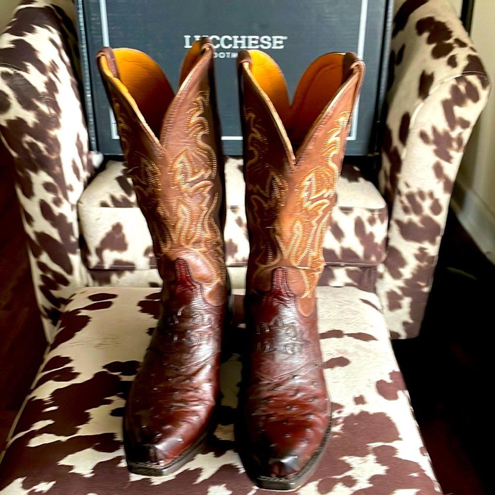 Lucchese Women’s Augusta Full Quill Ostrich cowboy boots in burnished sienna